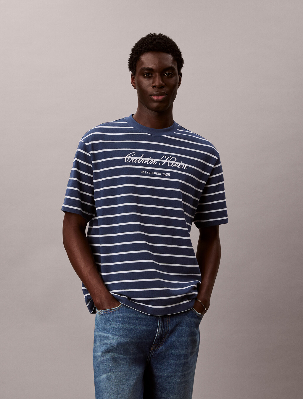Camiseta de algodón piqué con rayas relajada