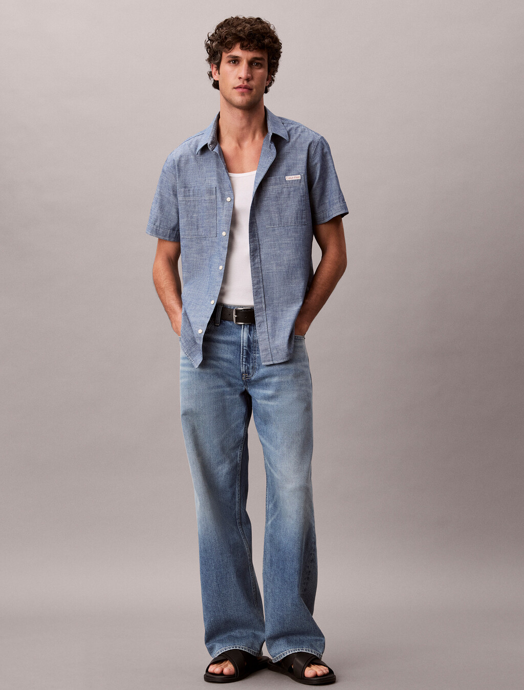 Camisa de algodón chambray de manga corta
